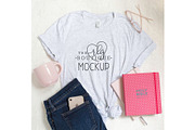 Gray shirt Mockup with Bible and Mug