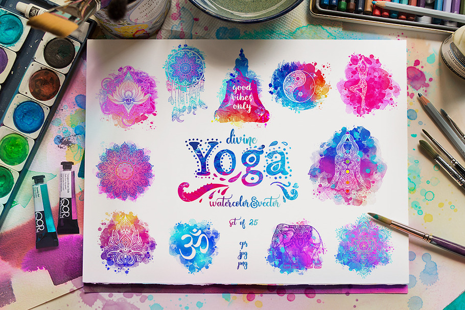 Divine Yoga. 25 Watercolor&Vector in Illustrations - product preview 8