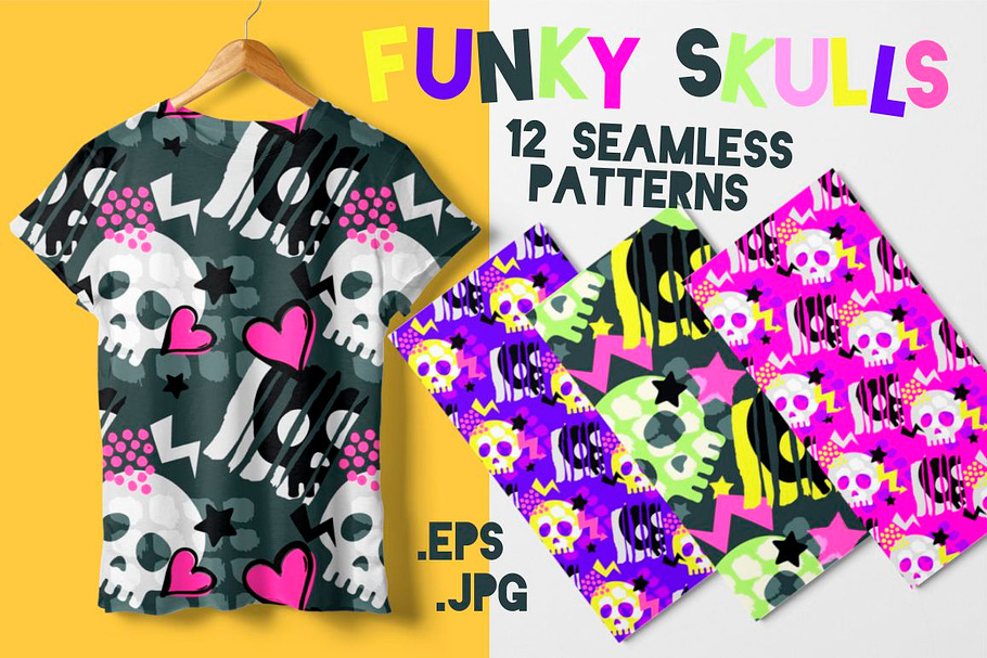 Skull funky seamless patterns in Patterns - product preview 8