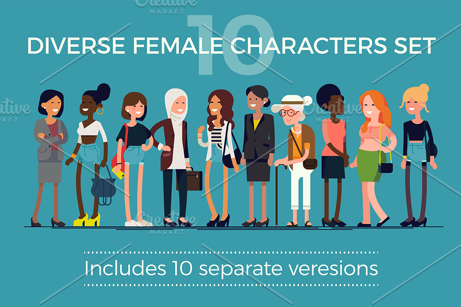 Diverse Women Characters. Set of 10 in Illustrations - product preview 8