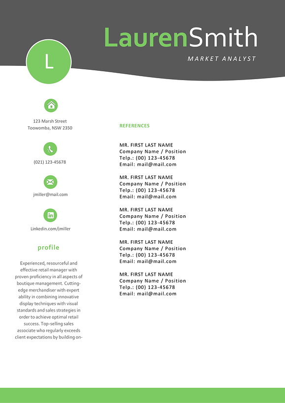 Green curve resume for Word in Resume Templates - product preview 3