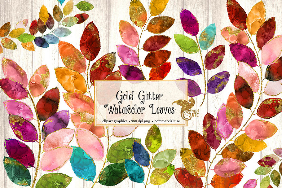 Gold Glitter Watercolor Leaf Clipart