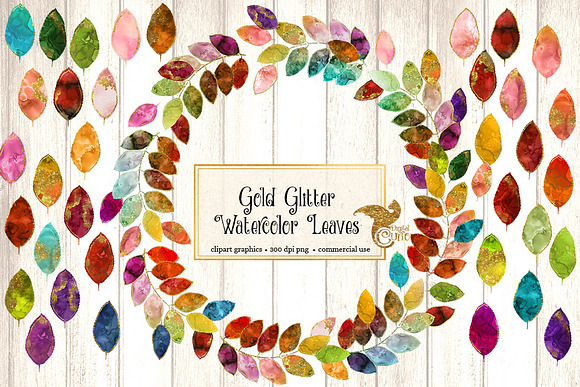 Gold Glitter Watercolor Leaf Clipart in Illustrations - product preview 1