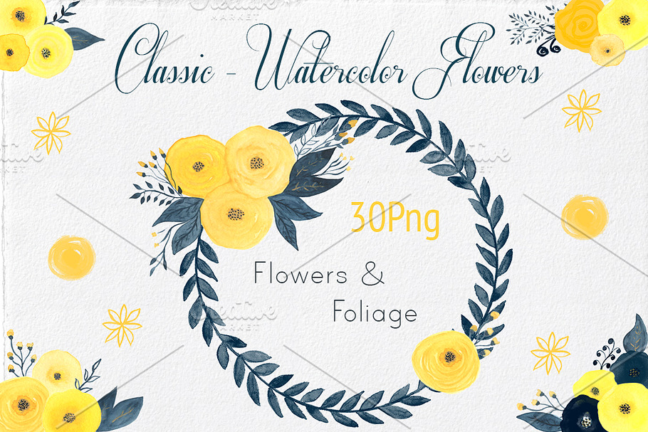 30 Watercolor Flowers & Foliages