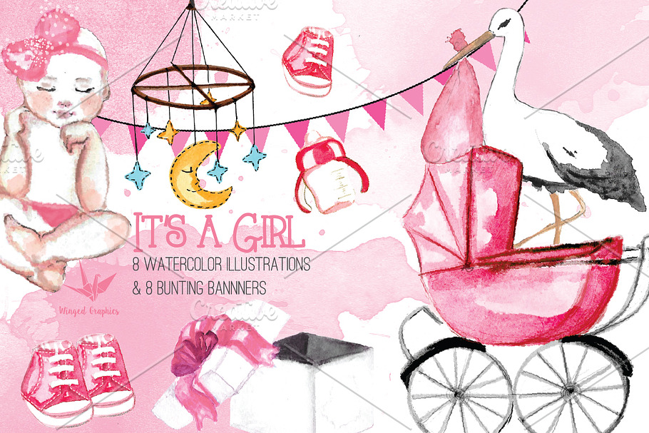 It's a girl:watercolor illustrations in Illustrations - product preview 8