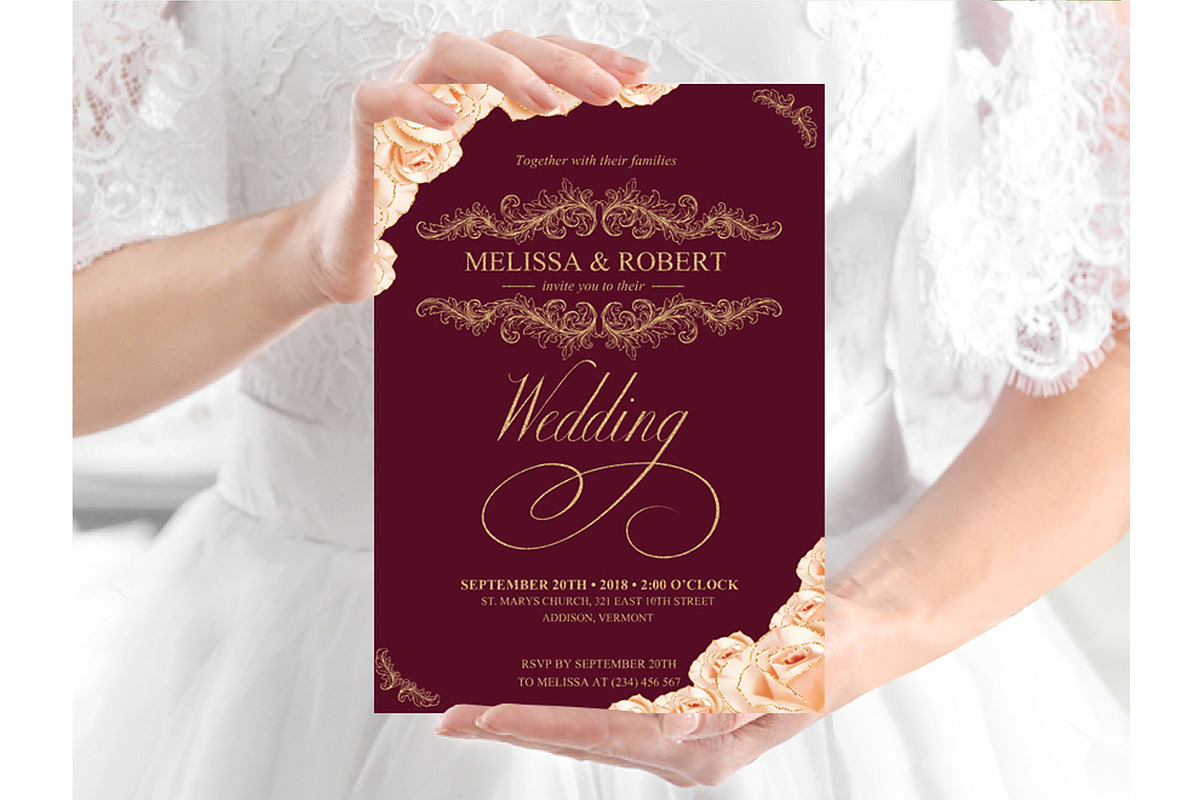 Rose Gold Roses Burgundy Invite in Wedding Templates - product preview 8