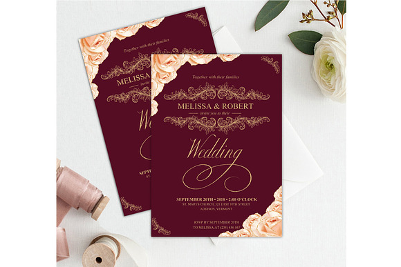 Rose Gold Roses Burgundy Invite in Wedding Templates - product preview 1