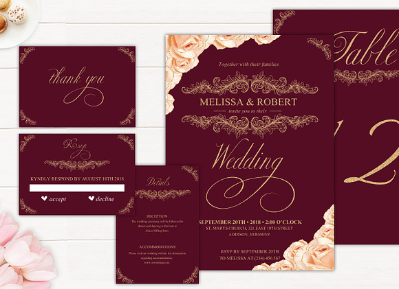Rose Gold Roses Burgundy Invite in Wedding Templates - product preview 2