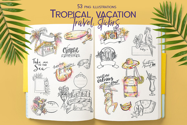 Tropical vacation Travel sticker set