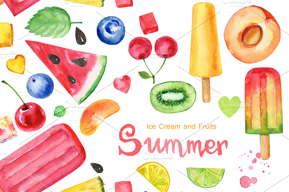 Summer, ice cream and fruits in Illustrations - product preview 8