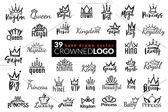 Vector hand drawn crowns in Black And White Icons - product preview 1