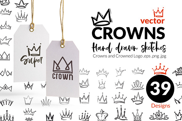 Vector hand drawn crowns in Black And White Icons - product preview 3