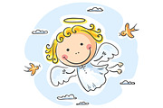 Cute angel flying with two birds