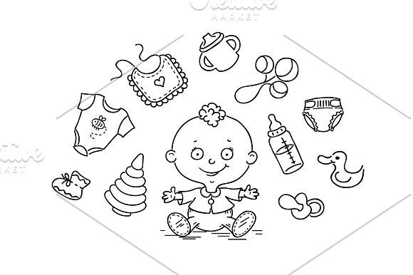 Baby with a lot of baby things in Illustrations - product preview 1