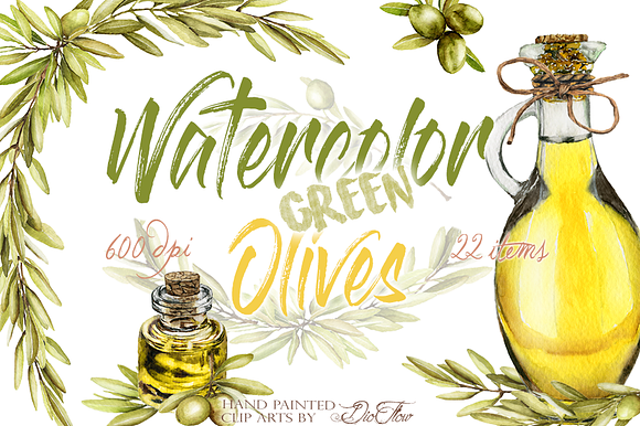 Green Olive Watercolor Clip Art in Illustrations - product preview 4