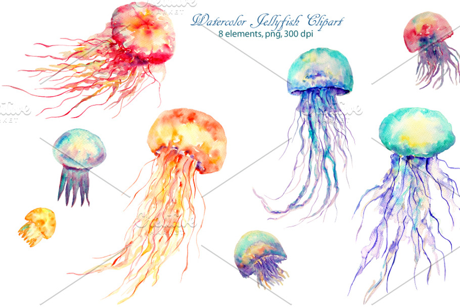 Watercolor clipart Jellyfish in Illustrations - product preview 8