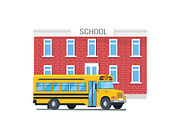 Bus Passing School Isolated Cartoon