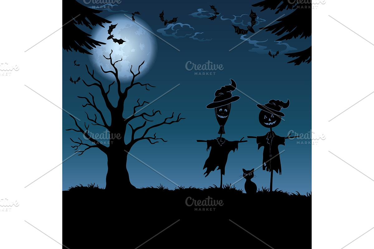 Halloween landscape, with scarecrows in Illustrations - product preview 8