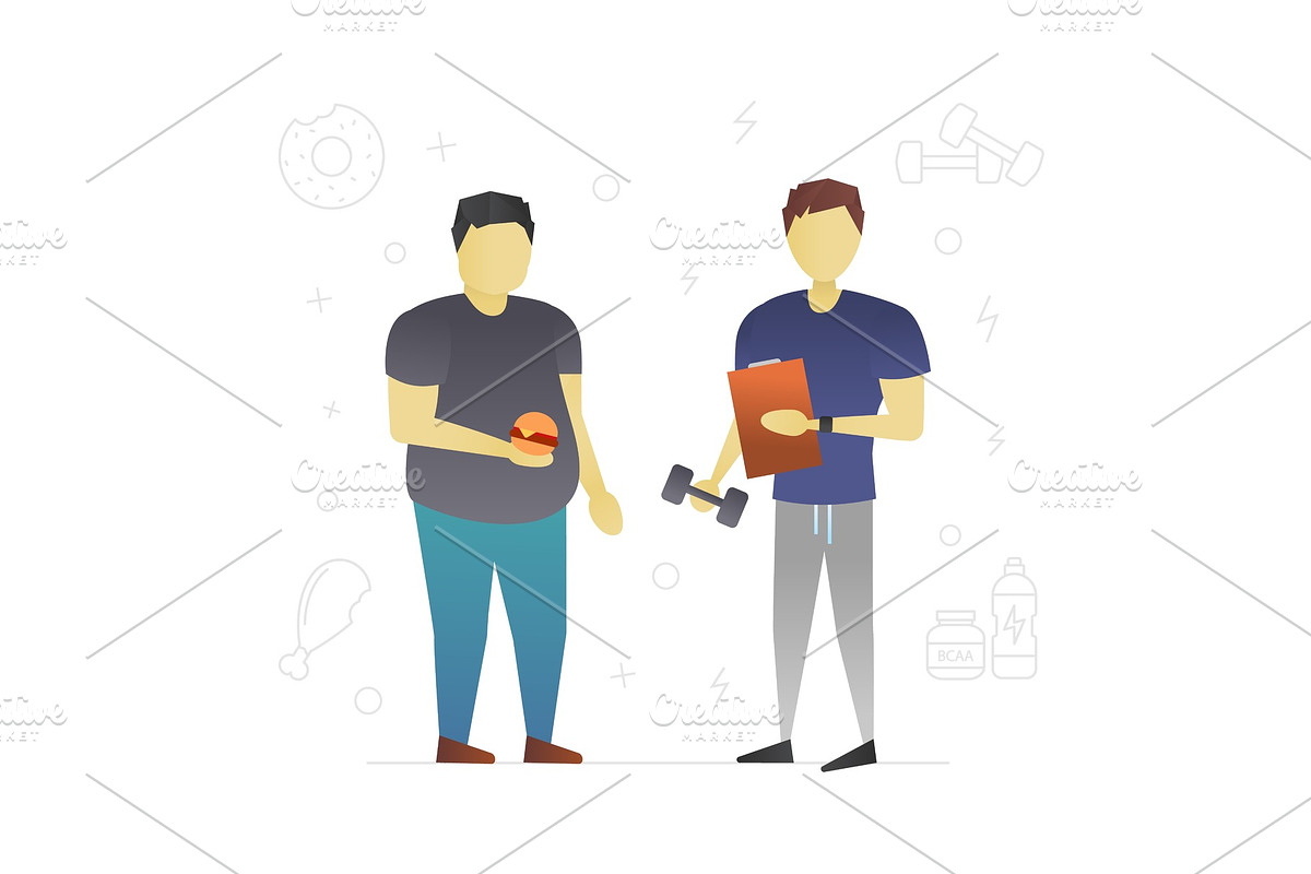 Fat man with personal trainer in Illustrations - product preview 8