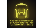 Camping backpack neon light icon