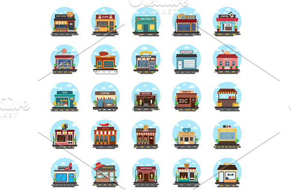 50 Store and Buildings Flat Icons