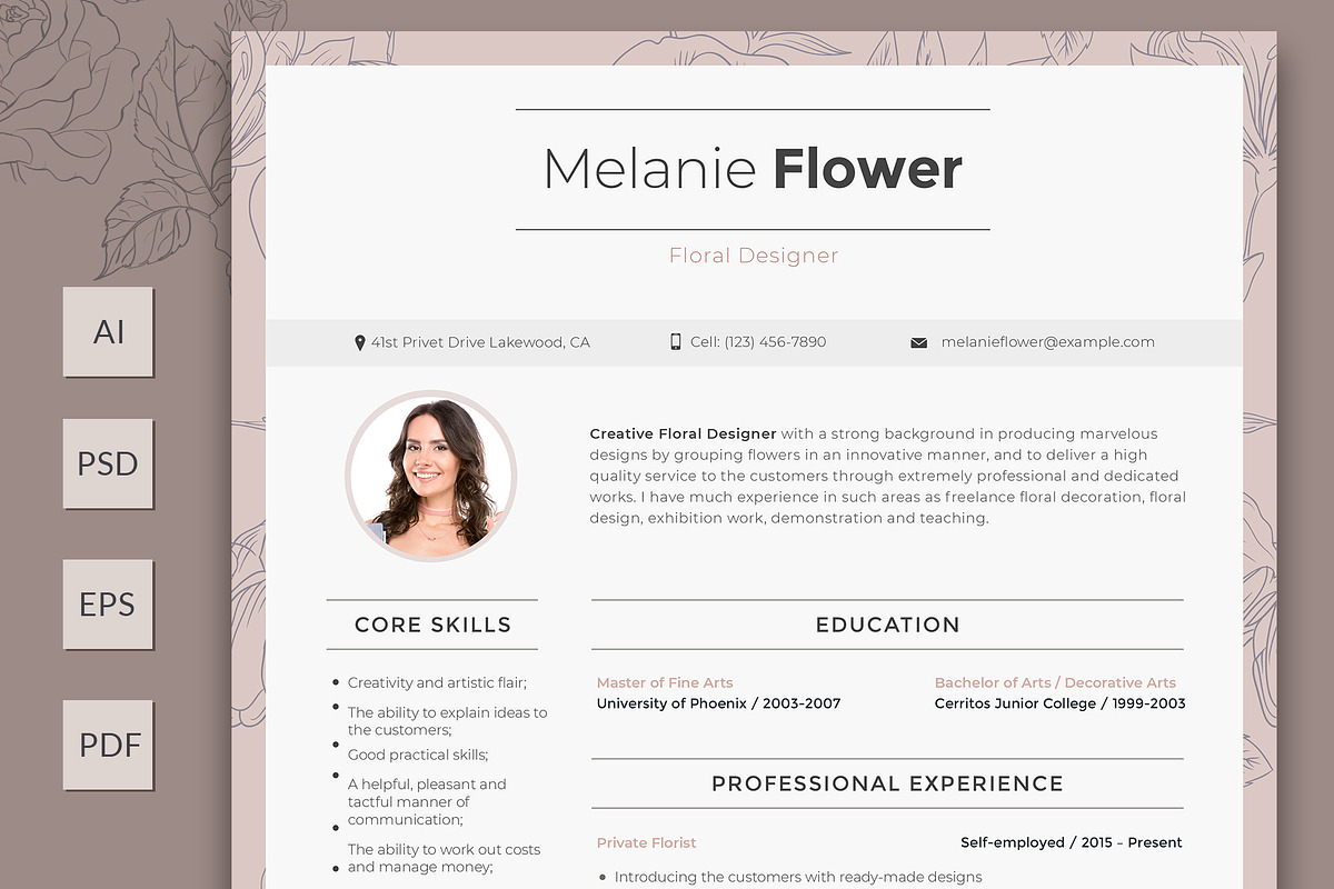 Editable Floral Designer Resume in Resume Templates - product preview 8