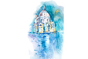 Watercolor illustration of city town
