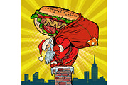 Santa Claus with a hot dog climbs