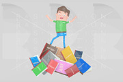 Student standing  on pile of books