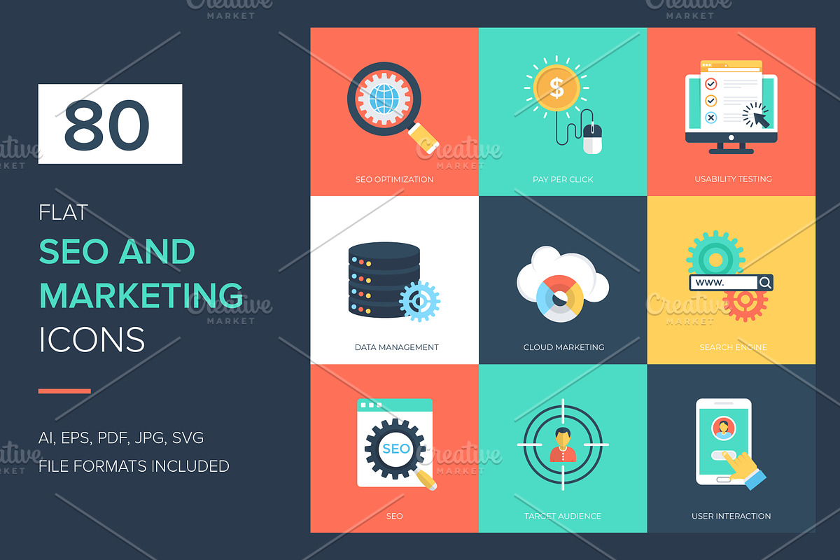 80 SEO and Marketing Flat Icons in Icons - product preview 8