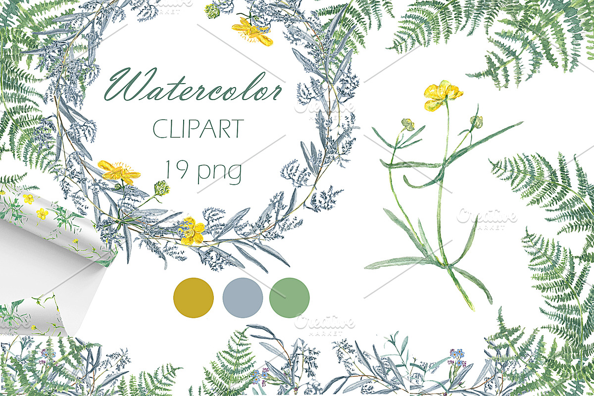 Watercolor grass and wildflowers in Objects - product preview 8