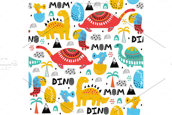 Pattern with dino , palms and eggs