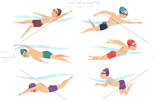 Swimmers at various poses. Cartoon