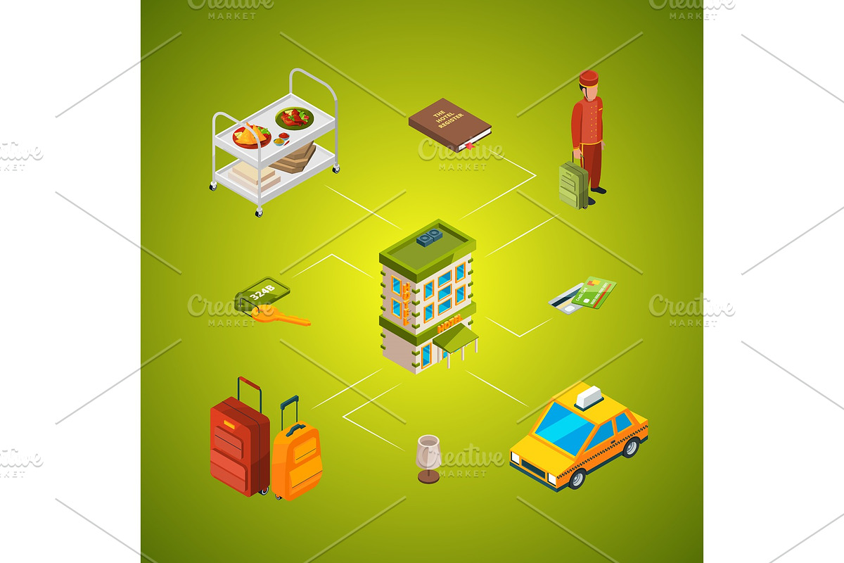 Vector isometric hotel icons in Graphics - product preview 8