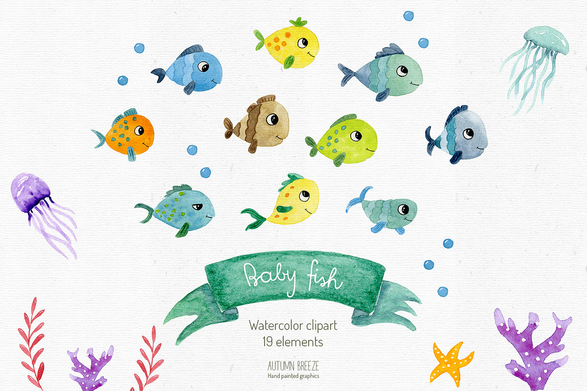 watercolor fish clipart in Illustrations - product preview 8