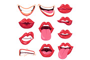 Set of playful cartoon red lips