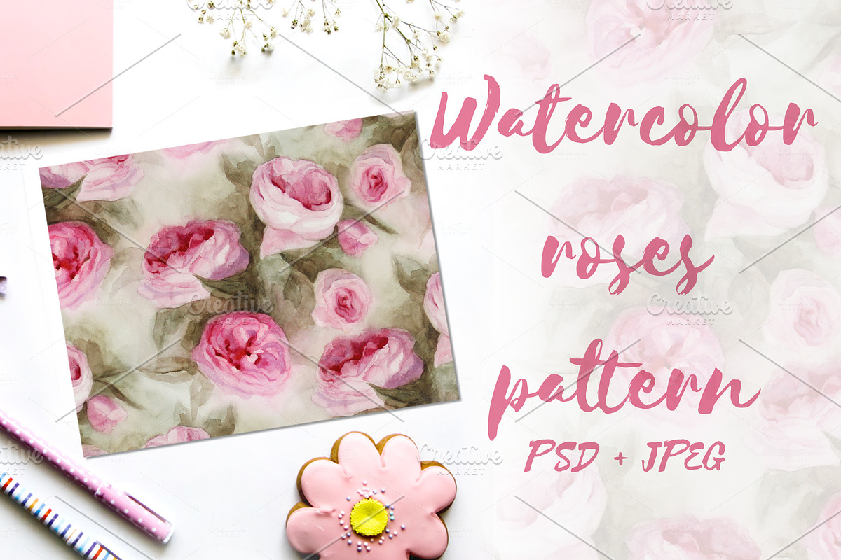 Watercolor roses pattern in Patterns - product preview 8