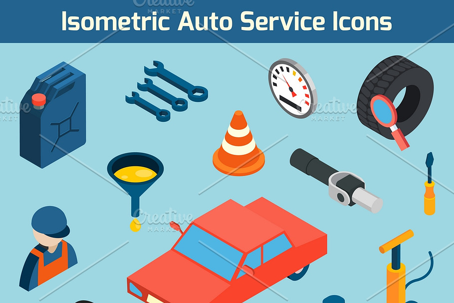 Auto service isometric icons set