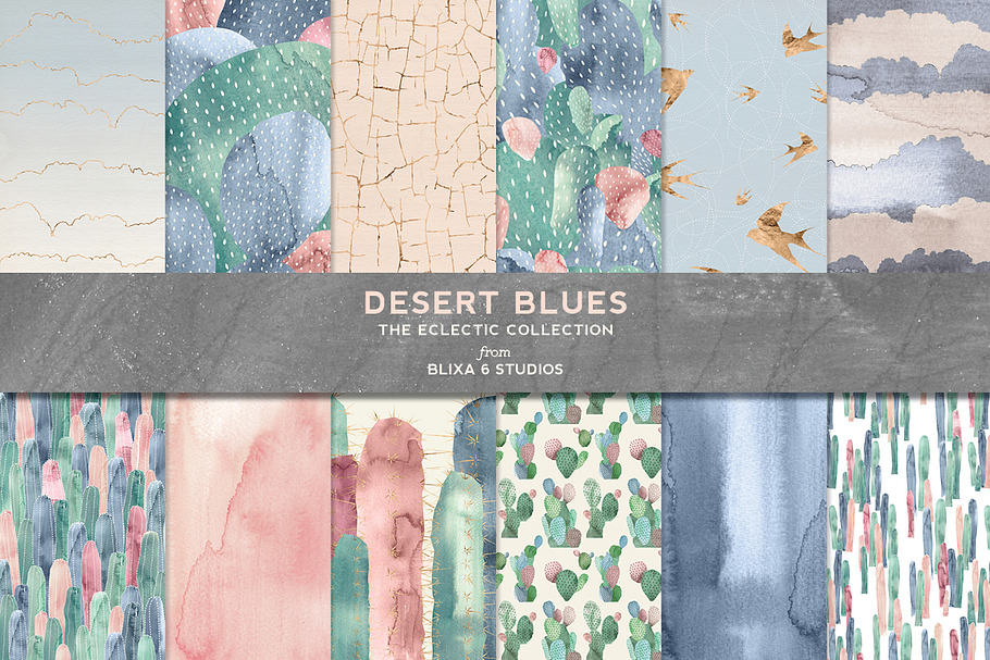 Desert Blues Cactus Watercolors in Patterns - product preview 8