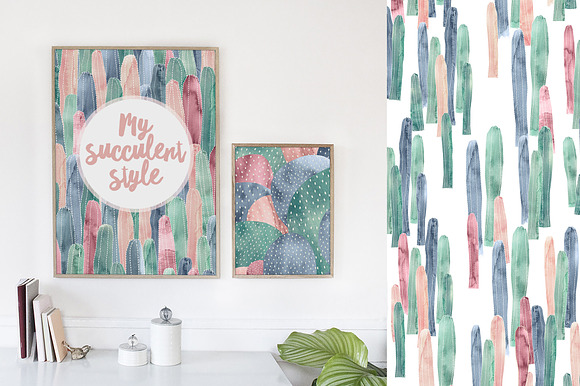 Desert Blues Cactus Watercolors in Patterns - product preview 2