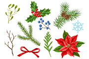 Set of Merry Christmas winter plants