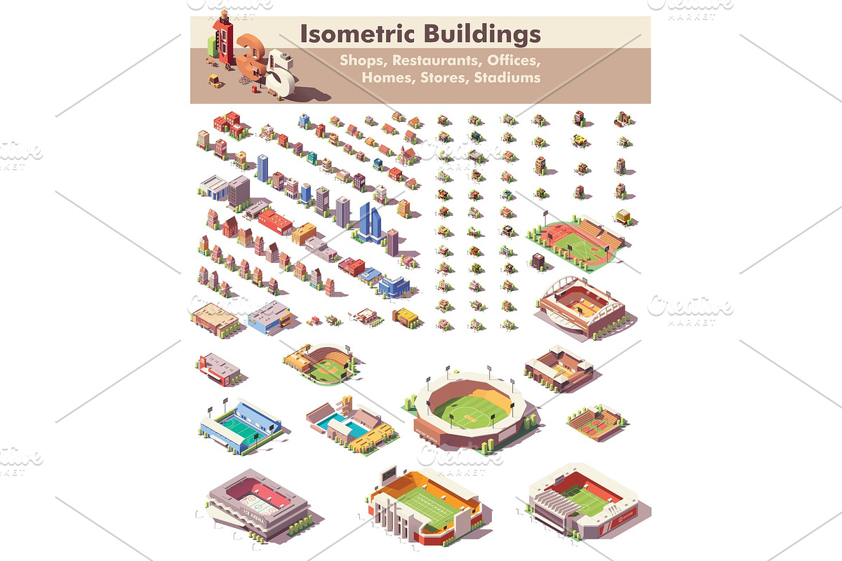 Vector isometric buildings set in Illustrations - product preview 8