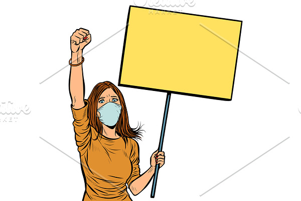 woman in medical mask protests with