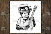 Monkey in hat, shirt hold guitar