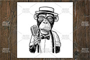 Monkey holding microphone engraving