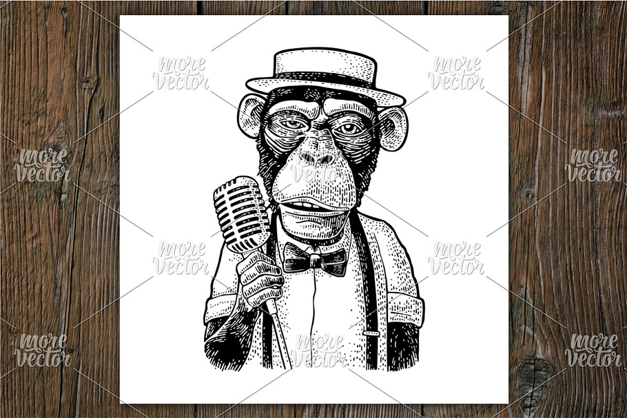 Monkey holding microphone engraving in Illustrations - product preview 8