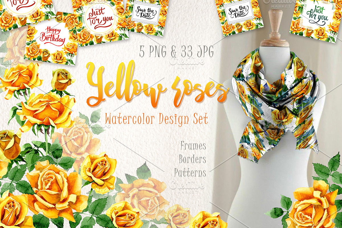 Yellow Roses PNG watercolor set in Illustrations - product preview 8