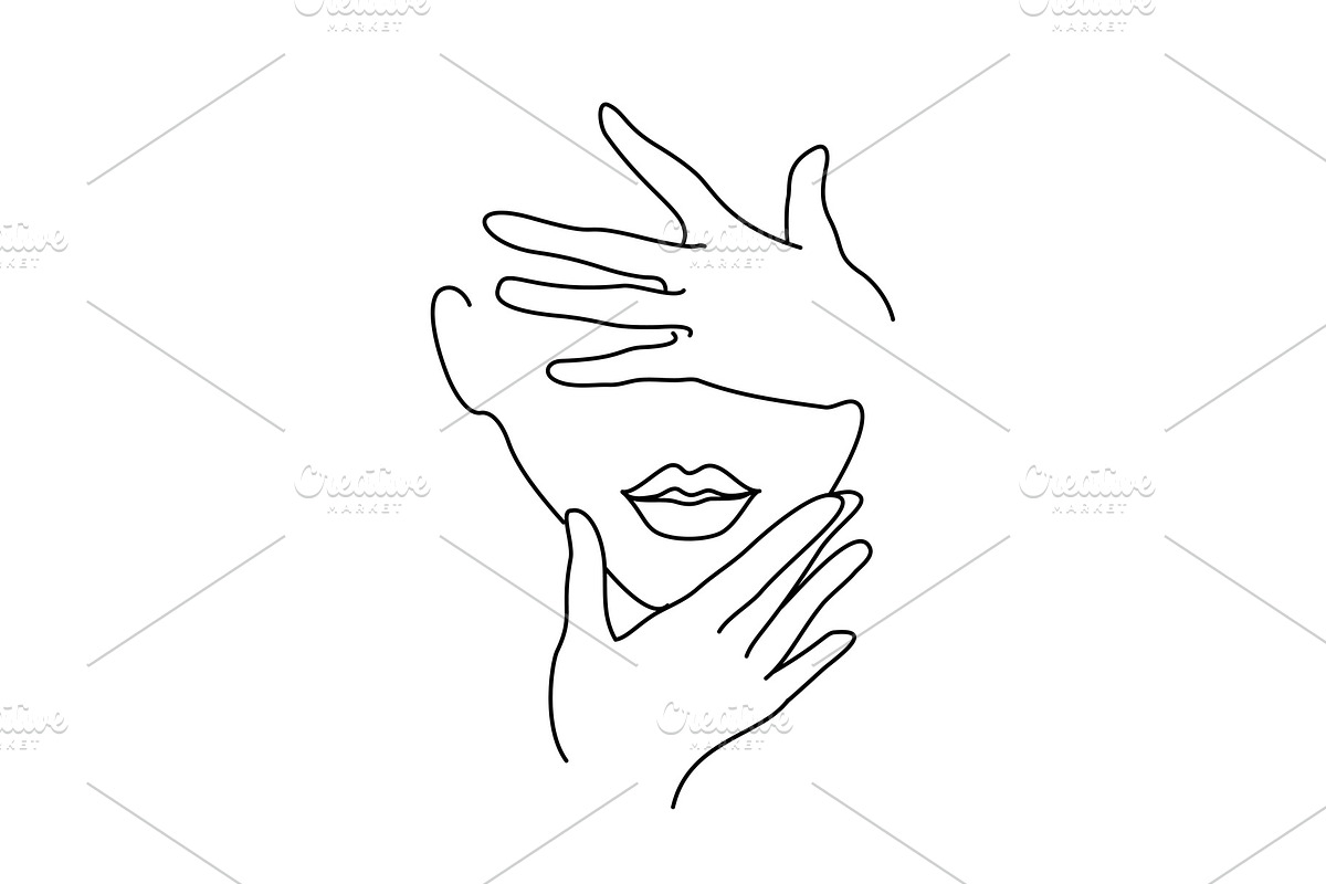 Line Drawing Woman face with hands in Illustrations - product preview 8