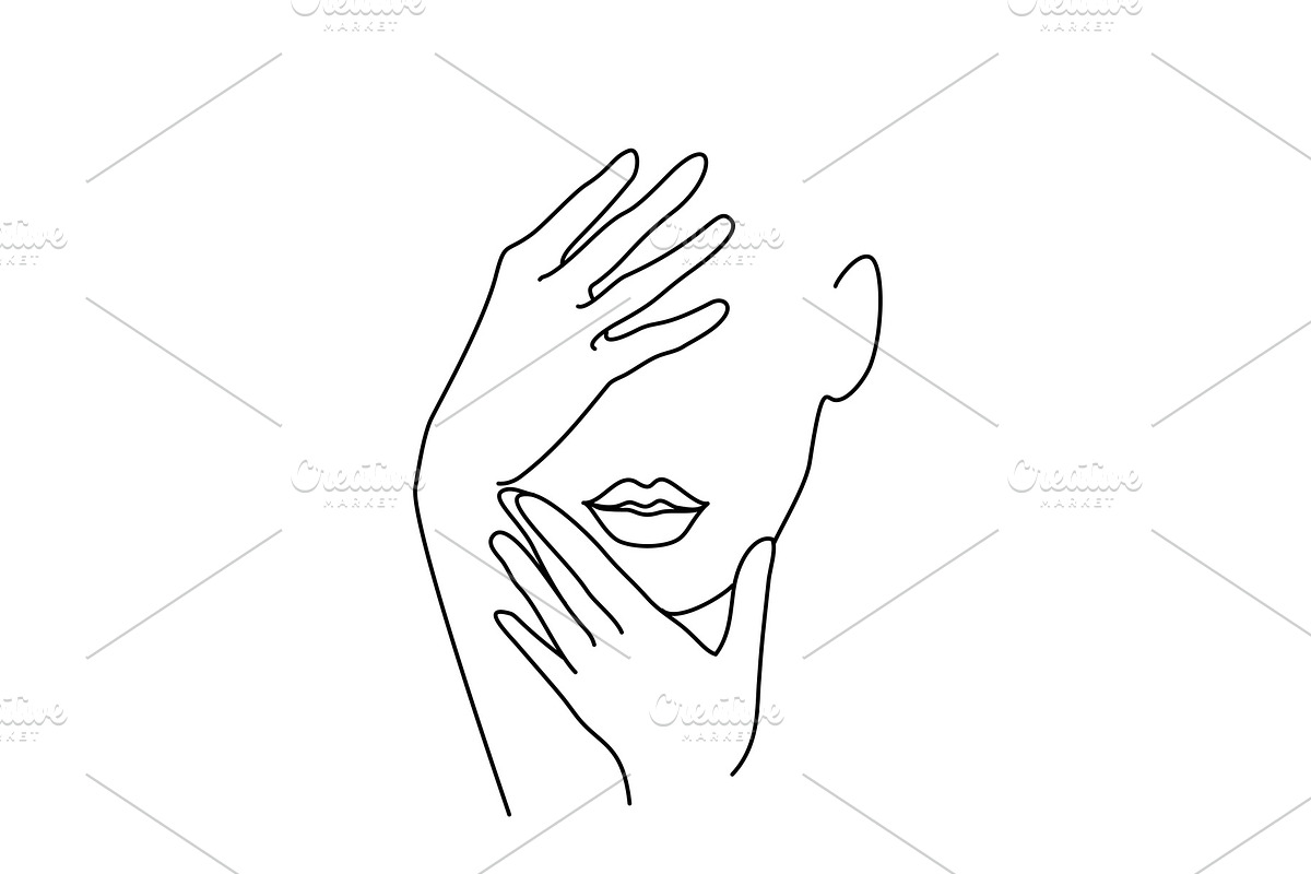 Line Drawing Woman face with hands in Illustrations - product preview 8