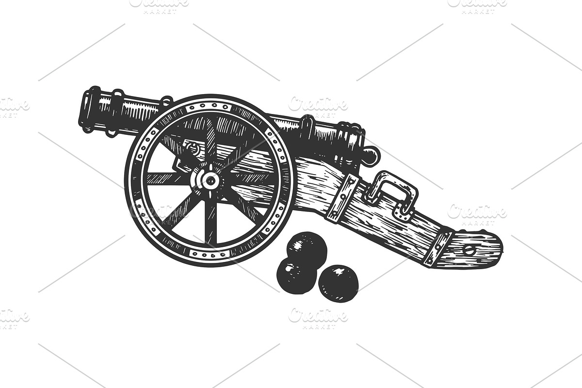 Cannon and cannonball engraving in Illustrations - product preview 8